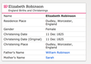 Birth 1825 Elizabeth Robinson to William and Sarah Robinson in Dudley