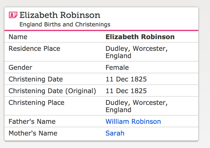 Birth 1825 Elizabeth Robinson to William and Sarah Robinson in Dudley