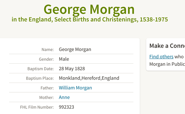 Birth 1828 George Morgan in Monkland