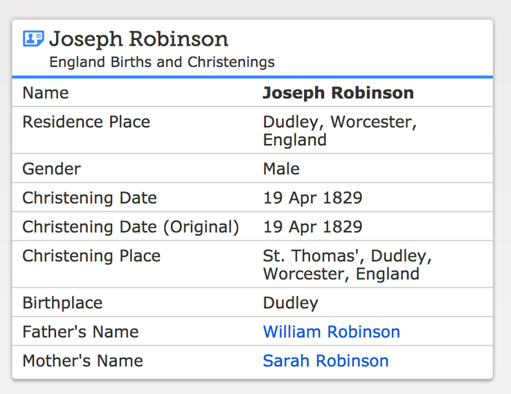 Birth 1829 Joseph Robinson to William and Sarah