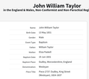 Birth 1831 John William Taylor father of Emma Taylor whi married William Nicholls