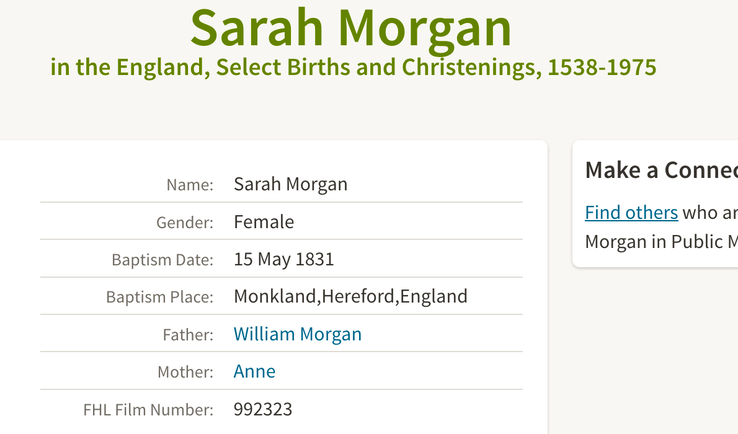 Birth 1831 Sarah Morgan in Monkland