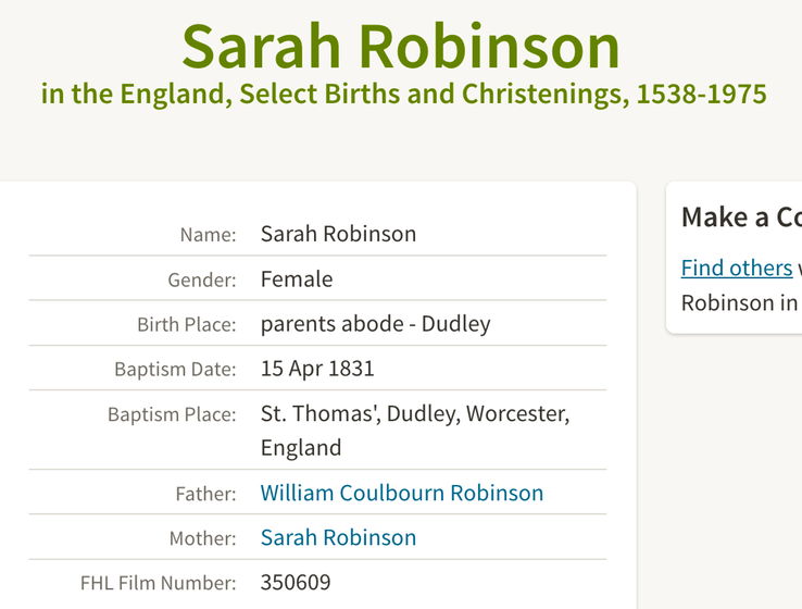 Birth 1831 Sarah Robinson to William Colbourn Robinson and Sarah in Dudley