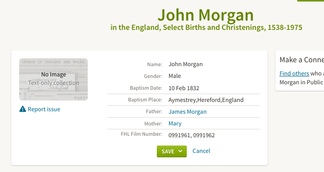 Birth 1832 John Morgan twin brother of Emma Morgan