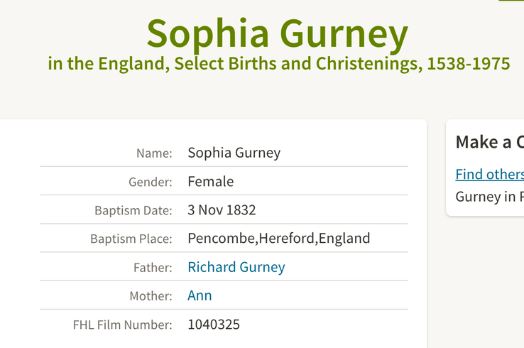 Birth 1832 Sophia Gurney 2nd wife of Philip Watkins