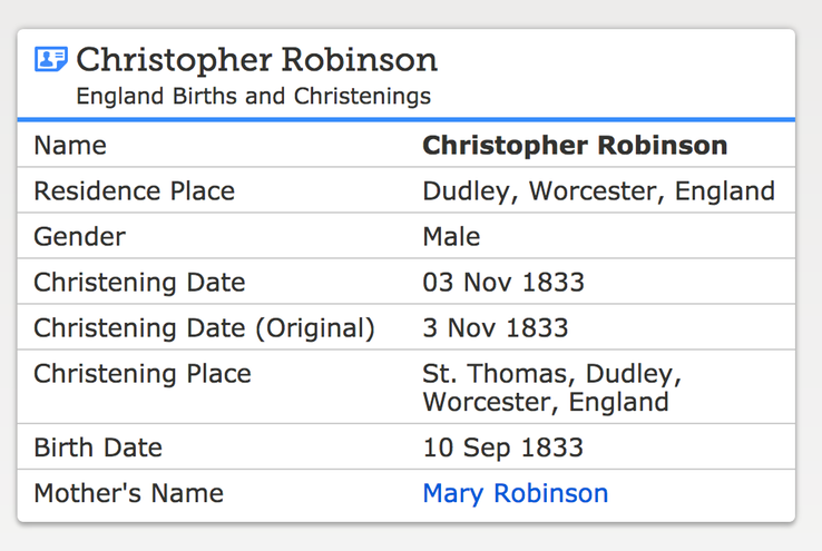 Birth 1833 Christopher Robinson to Mary Robinson no father in Dudley