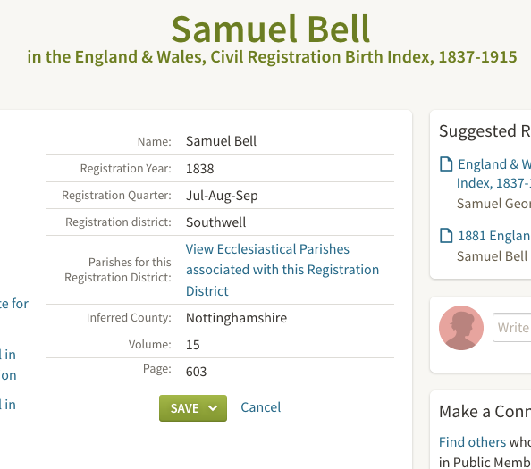 BIRTH 1838 Samuel Bell JAS son of John and Elizabeth Bell in Southwell