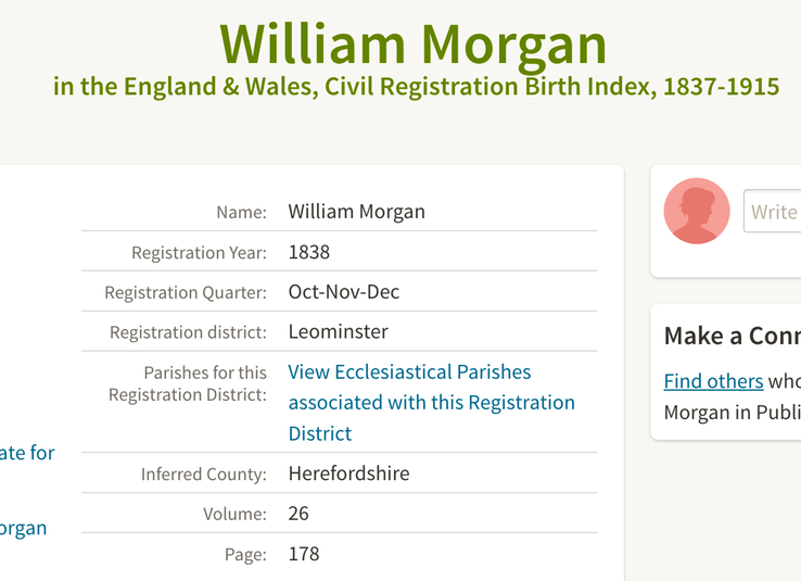 Birth 1838 William Morgan in Monkland/Leominster