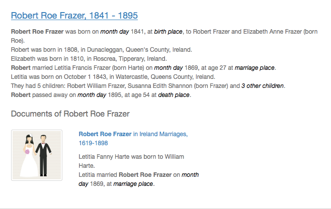 Birth 1841 Death Marriage Robert (11) Roe Frazer 1841 to 1895 son of Robert (1) and Elizabeth Ann Roe 