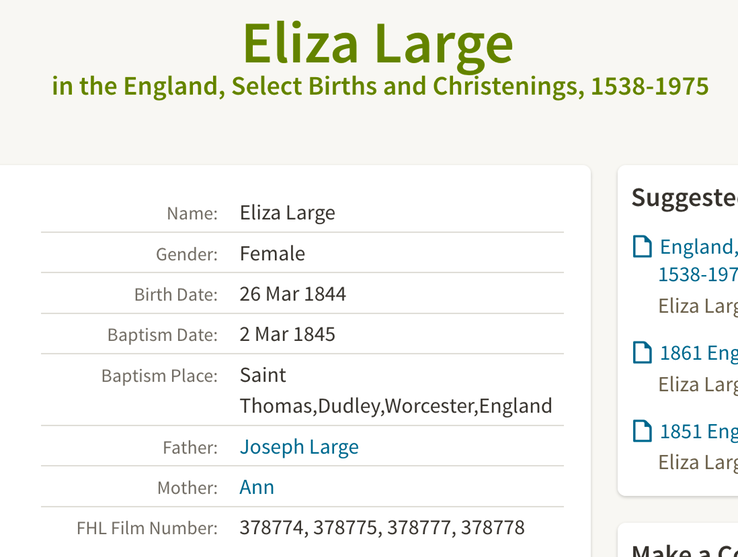 Birth 1844 Eliza Large 26th March 1844 wife of William Morgan in Dudley