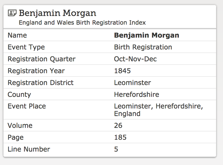 Birth 1845 Benjamin Morgan Registered in Leominster