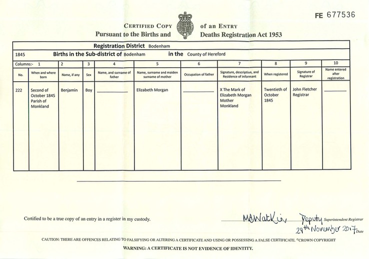 Birth 1845 Benjamin Morgan 2nd Oct 1845 in Monkland Original Birth Certificate