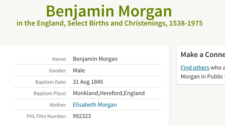 Birth 1845 Benjamin Morgan in Monkland to mother Elisabeth Morgan