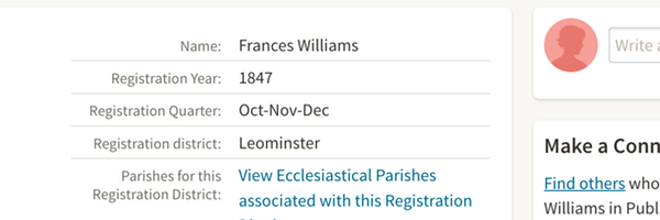 Birth 1847 Frances Williams in Monkland daughter of Ann Williams (late Morgan nee Bedward) 