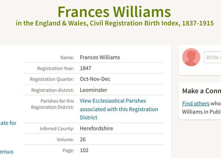 Birth 1847 Frances Williams in Monkland daughter of Ann Williams (late Morgan nee Bedward) 