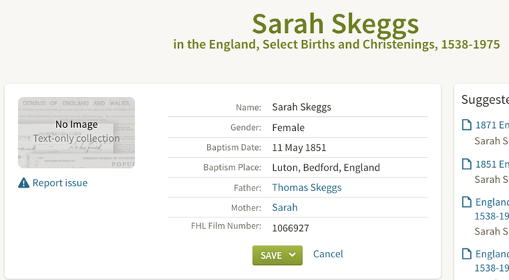 Birth 1851 Sarah Skeggs in Lutin daughter of Thomas and Sarah