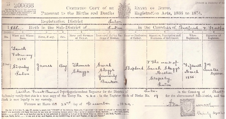 Birth 1855 James Skeggs Original Birth Cert