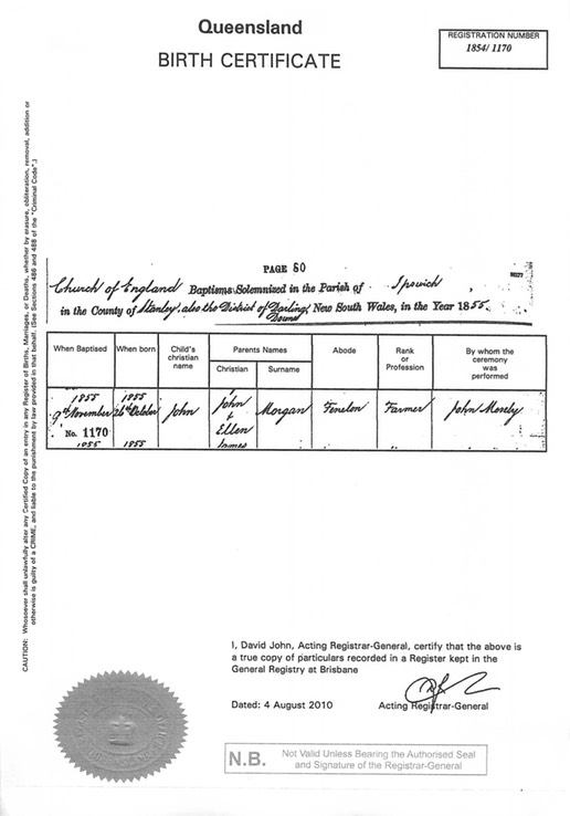 Birth 1855 John Morgan and Ellen Morgan twins to John and Ellen HANDWRITTEN Certificate