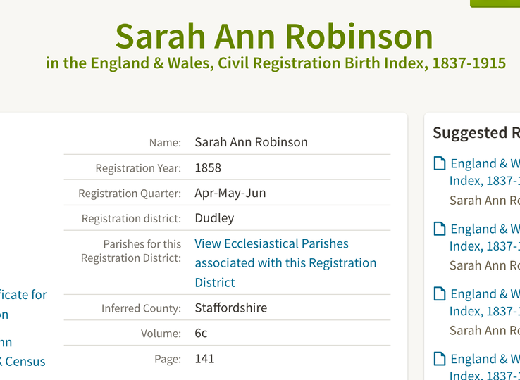 Birth 1858 Sarah Ann Robinson to John and Elizabeth Robinson in Dudley