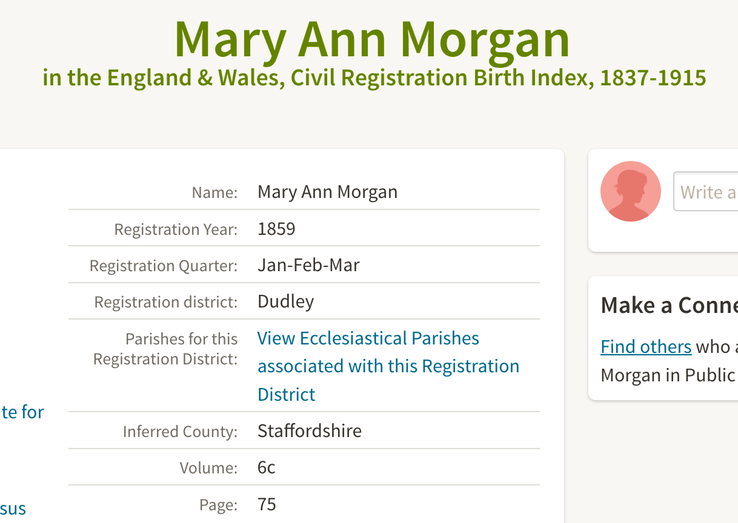 Birth 1859 Mary Ann Morgan daughter of William Morgan and Hannah in Dudley