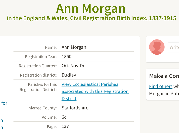 Birth 1860 Ann Morgan daughter of William Morgan and Hannah