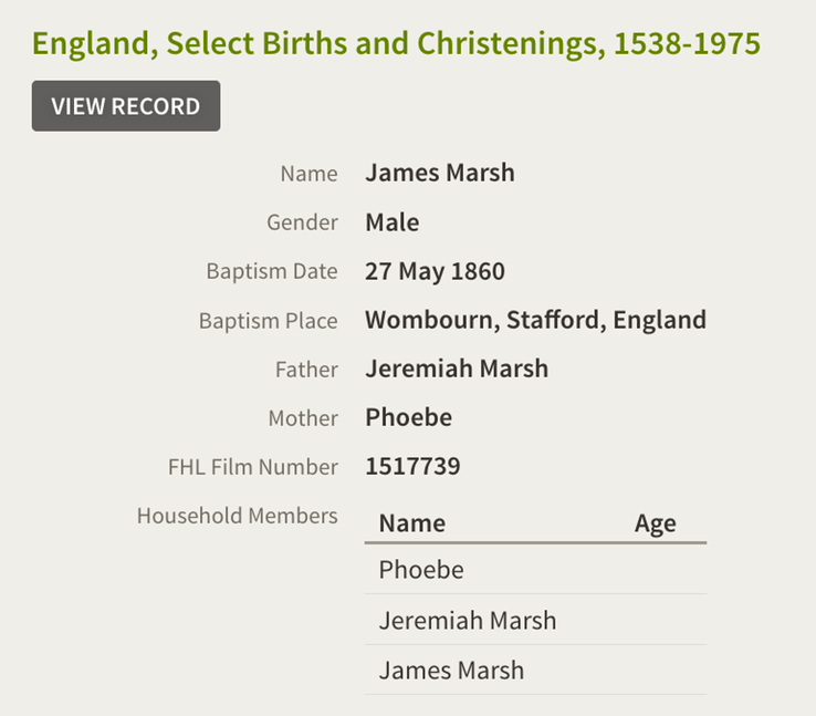 Birth 1860 James Marsh to Phoebe and Jeremiah Marsh