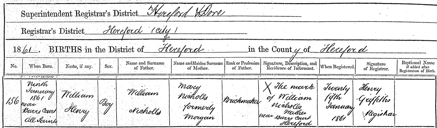 Birth 1861 William Henry Nicholls Original Birth Certificate