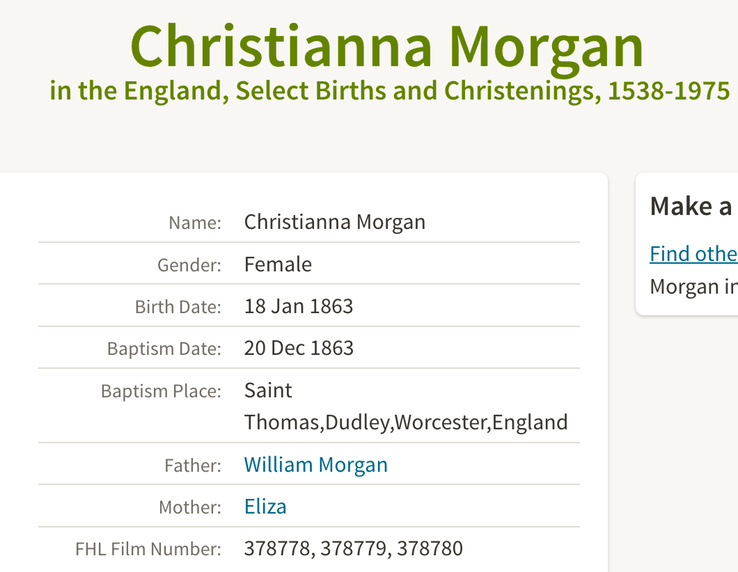 Birth 1863 Christiana Morgan daughter of William and Eliza Morgan in Dudley