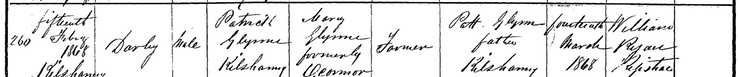 Birth 1868 Darby Glynn 15th Feb possibly Denis Glynn son of Patt Glynn and Mary O'Connor of Kilshanny