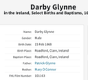 Birth 1868 Darby Glynne to Patrick Glynne and Mary O'Connor