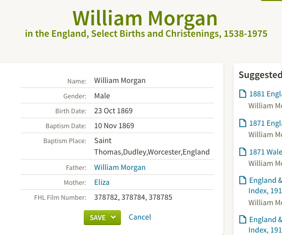 Birth 1869 William Morgan to William and Eliza in Dudley