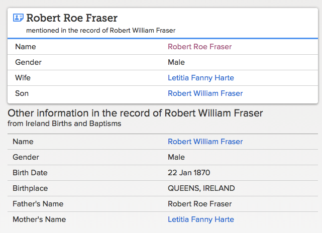 Birth 1870 Robert William Fraser son of Robert Roe Fraser and Letitia Fanny Harte