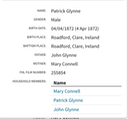 Birth 1872 Patrick Glynne to Mary Connell and John Glynne of Ballinagrave