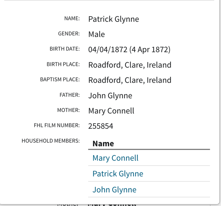 Birth 1872 Patrick Glynne to Mary Connell and John Glynne of Ballinagrave