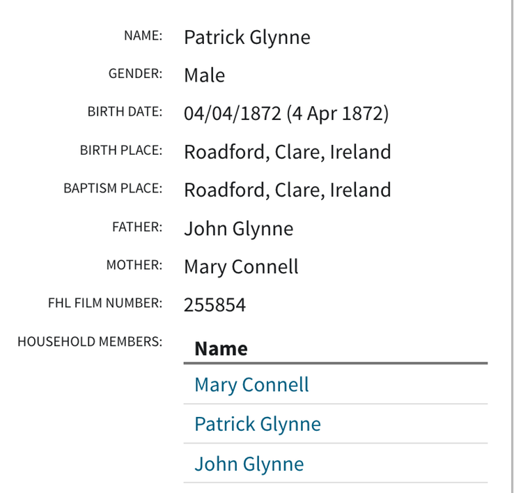 Birth 1872 Patrick Glynne to John Glynne and Mary Connell