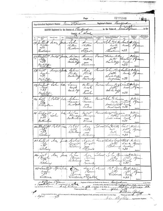 Birth 1873 Mary Glynn to John Glynn and Mary Connell