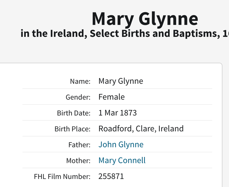 Birth 1873 Mary Glynne 1st March to Mary Connell and John Glynne of Ballinagrave