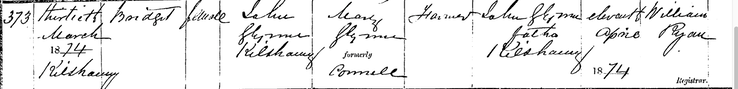 Birth 1874 Bridget Glynn daughter of John and Mary of Kilshanny