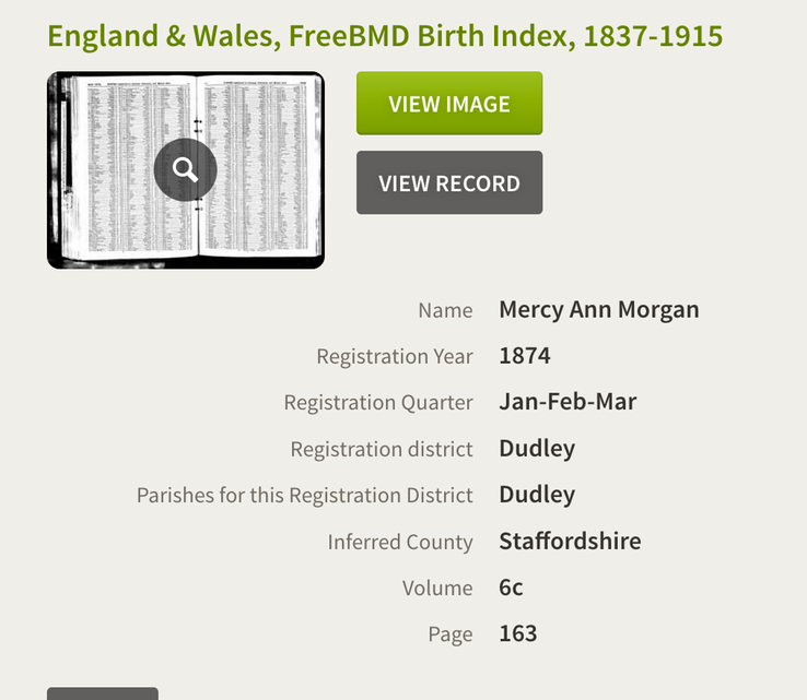 Birth 1874 Mercy Ann Morgan JFM 1874 daughter of William and Eliza in Dudley