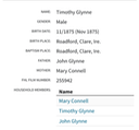 Birth 1875 Timothy Glynne to Mary Connell and John Glynne of Ballinagrave