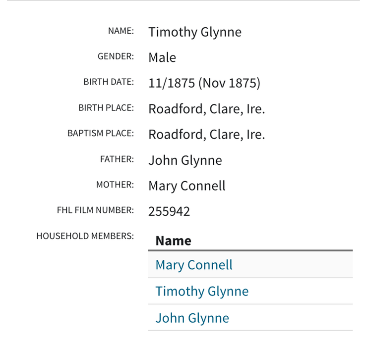 Birth 1875 Timothy Glynne to Mary Connell and John Glynne of Ballinagrave