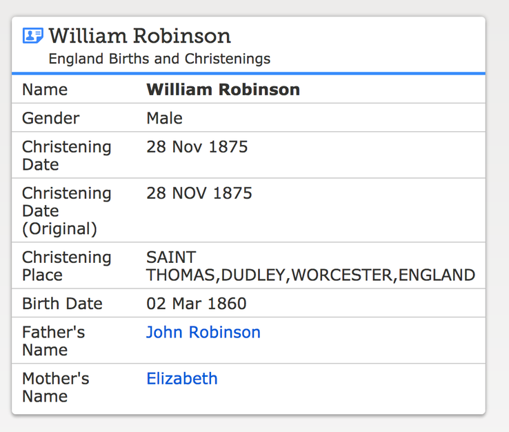 Birth 1875 William Robinson in Dudley Father John Mother Elizabeth