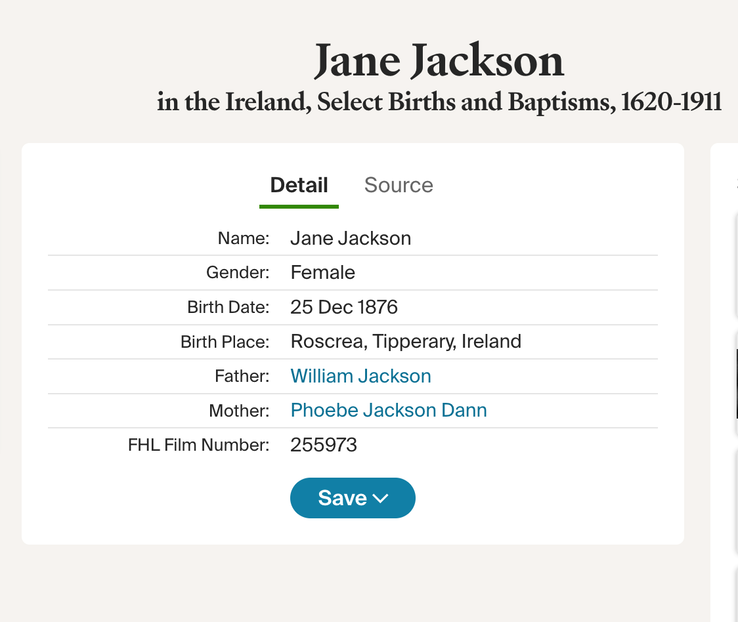 Birth 1876 Jane Jackson to William Jackson and Phoebe Jackson (nee Dann)