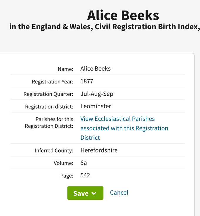 Birth 1877 Alice Beeks or Becks in Leominster wife of young THomas Morgan