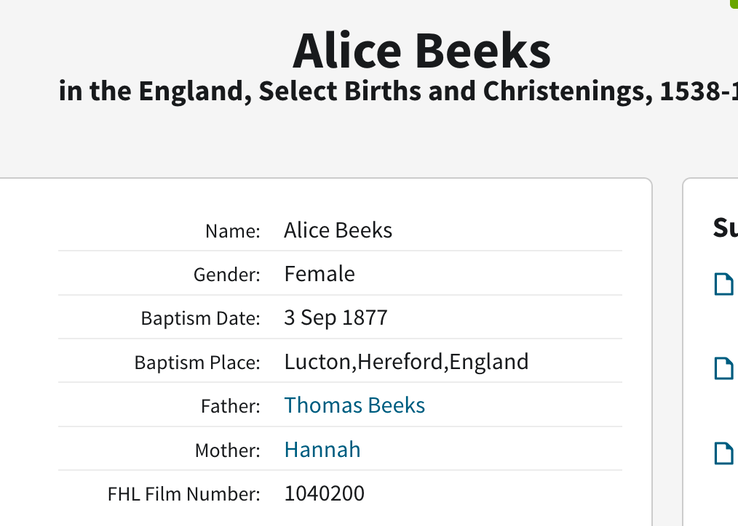 Birth 1877 Alice Beeks wife of Thomas Morgan Baptism record