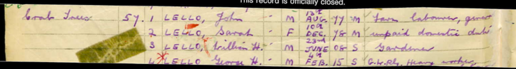 Birth 1877 John Lello husband of Sarah Morgan on 13th August 1877 from 1939 Census