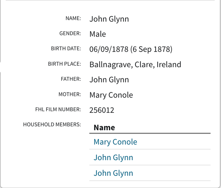 Birth 1878 John Glynn to Mary Conole and John Glynn of Ballinagrave