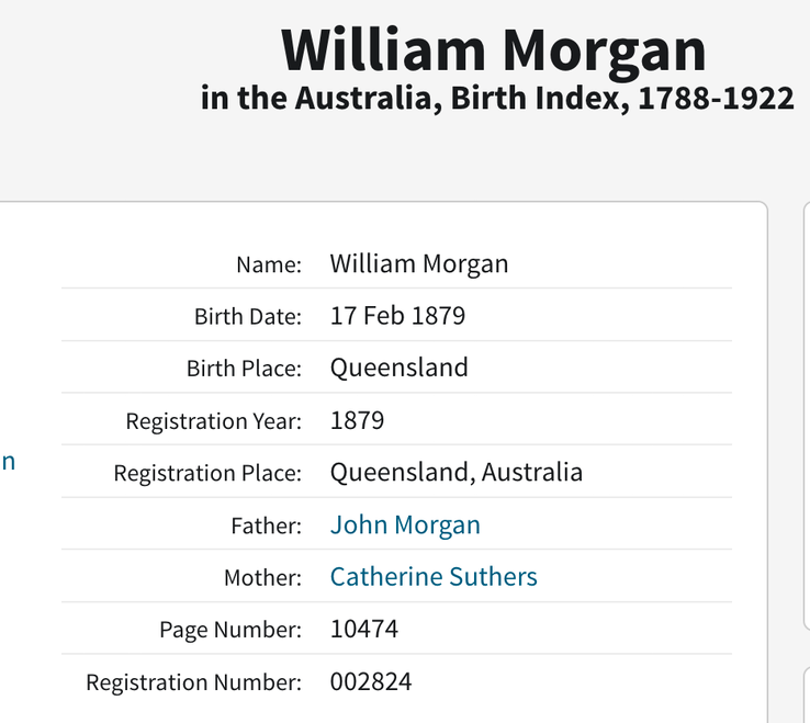 Birth 1879 William Morgan (died same year) son of John Morgan and Catherine Suthers