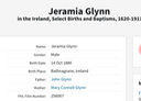 Birth 1880 Jeremiah Glynne to Mary Connell and John Glynn of Ballinagrave