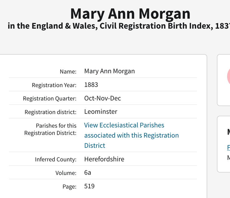 Birth 1883 Mary Ann Morgan daughter of Thomas in Leominster